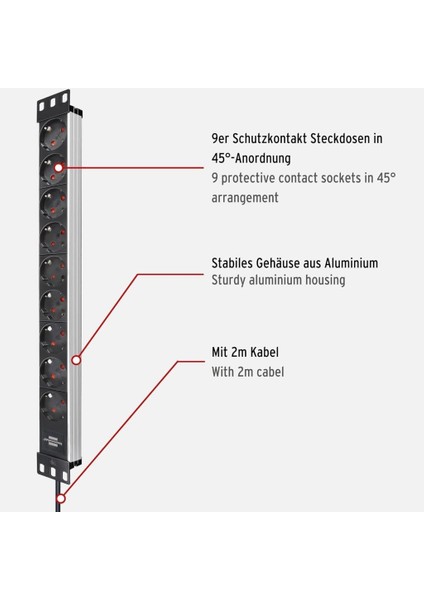 Alu-Line Serisi 19" Server Kasası Uyumlu Uzatma Kablosu 9 Soketli 2 Metre Kablolu