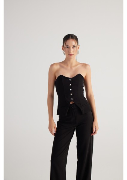 Düğme Detaylı Straplez nia bluz Siyah