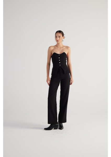 Düğme Detaylı Straplez nia bluz Siyah fırsatları