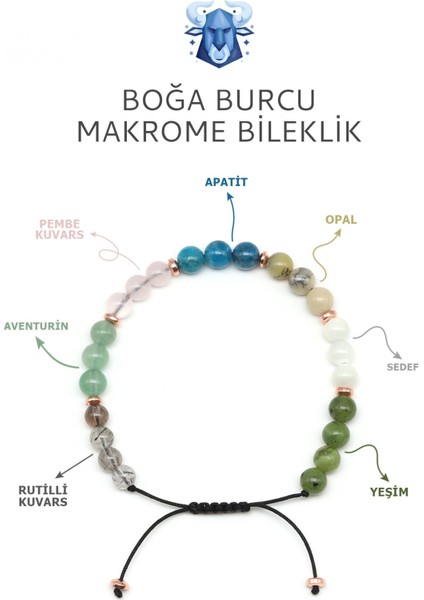 Boğa Burcu Taşlarından Oluşan Doğal Taş Makrome Bileklik 6 mm Küre Kesim - Burç Bilekliği