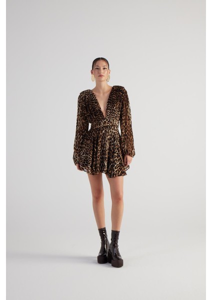 Leopar Desenli V Yaka Mini janet elbise Kahve