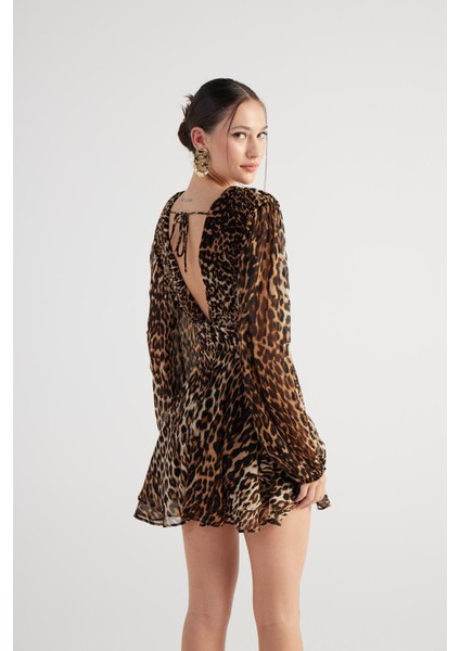 Leopar Desenli V Yaka Mini janet elbise Kahve