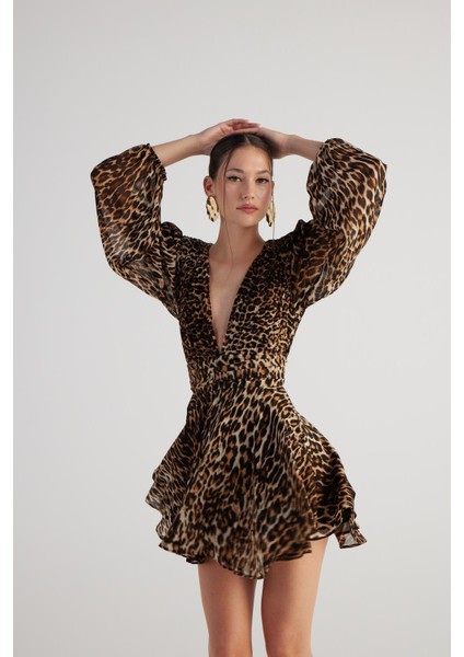 Leopar Desenli V Yaka Mini janet elbise Kahve