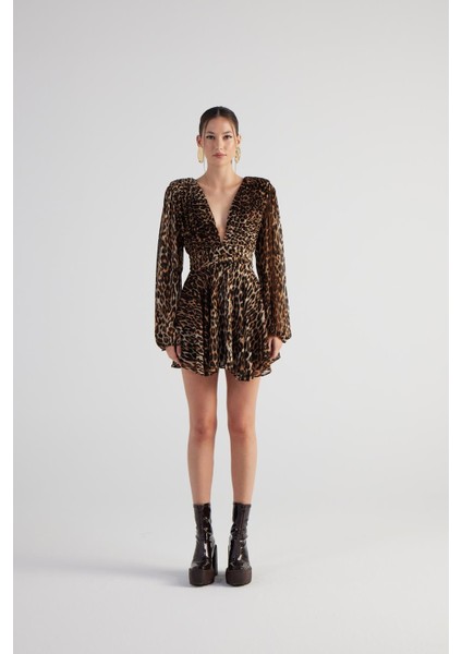 Leopar Desenli V Yaka Mini janet elbise Kahve