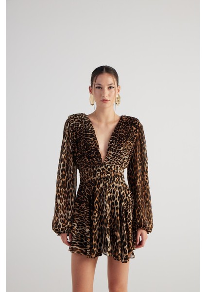 Leopar Desenli V Yaka Mini janet elbise Kahve