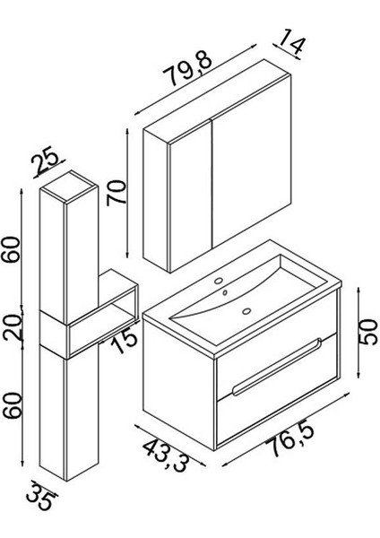 Teta Home Madrid 80 cm Antrasit-Atlantik Çam MDF Banyo Dolabı Seti ve Boy Dolabı