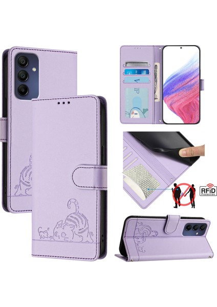 Samsung Galaxy A16 5g Için Kedi Sıçan Kabartmalı Rfıd Pu Kılıf (Yurt Dışından)