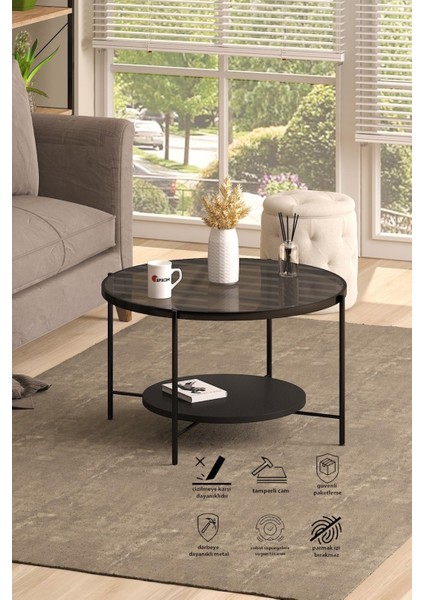 Oslo Orta Sehpa Temperli Füme Cam, Siyah Alt