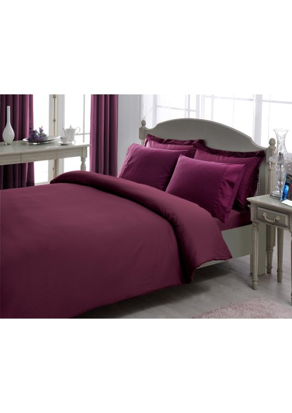 Çift Kişilik Premium Basic Stripe Saten Nevresim Takımı (Mürdüm)