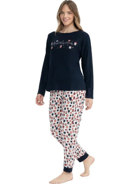 U.s Polo Assn. 17110 Kadın Yuvarlak Yaka Uzun Kollu Paçası Lastikli Pijama Takımı-Lacivert