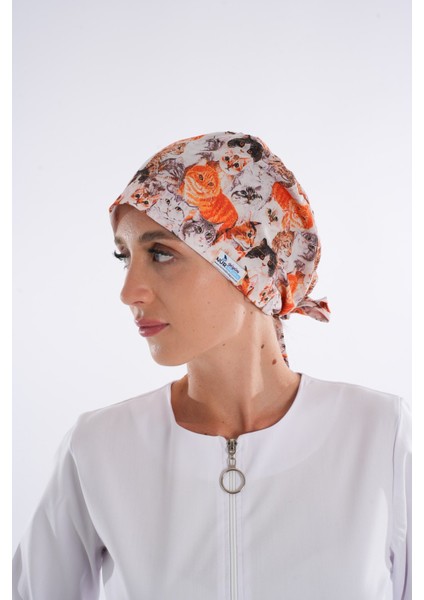 Kahve Kediler Desenli Tesettür Veteriner Doktor Hemşire Hastane Aşçı Cerrahi Bone