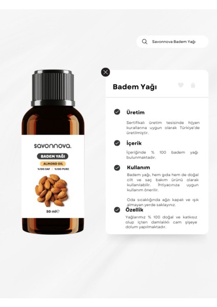 Doğal Tatlı Badem Yağı Saf 50 Ml