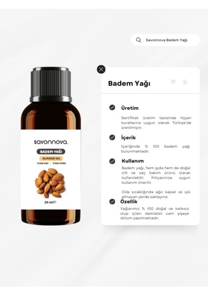 Doğal Tatlı Badem Yağı Saf 20 Ml