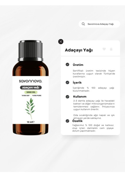 Doğal Adaçayı Yağı Saf 10 Ml