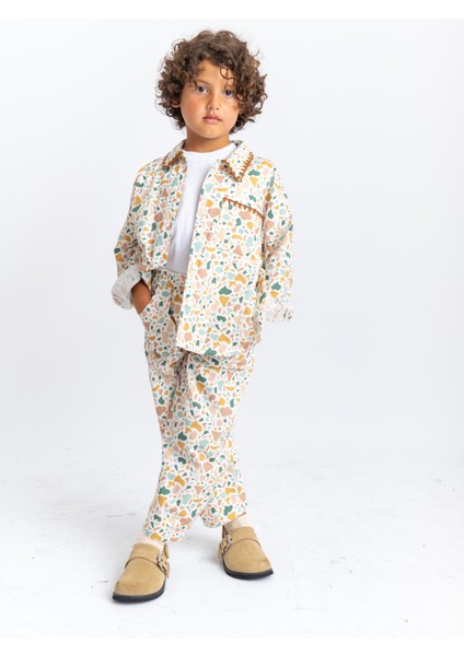 Unisex Yaka ve Cep Nakışlı Poplin Takım Ekru