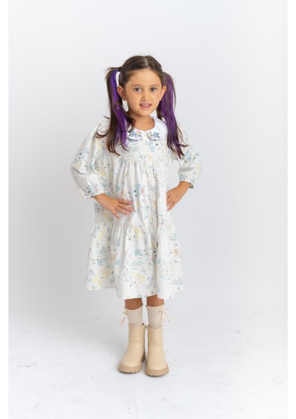 Bebe Yaka Nakışlı Önden Düğmeli Poplin Kız Çocuk Elbise Ekru