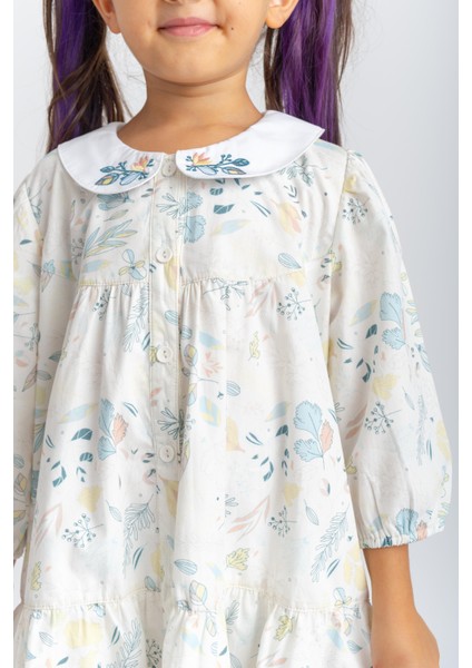 Bebe Yaka Nakışlı Önden Düğmeli Poplin Kız Çocuk Elbise Ekru fiyatları