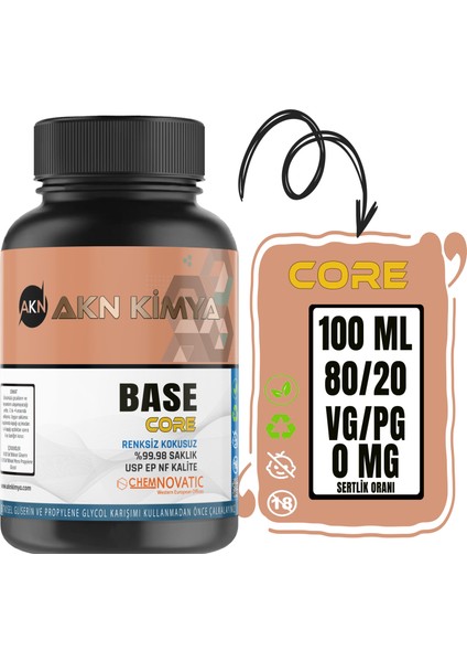 Akn Kimya Core Chemnovatic Nbase 0 Mg Gliserin Propilen Glikol Base Nbase Vg Pg 80-20 100 ml 250 ml 500 ml 1000 ml