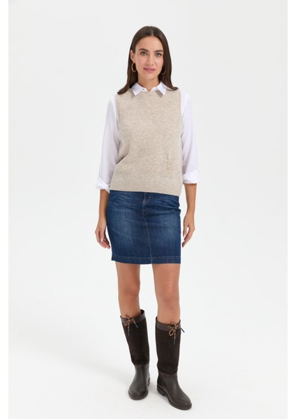 Kadın Sıfır Yaka Dikişsiz Cepli Yün Süveter V.bej
