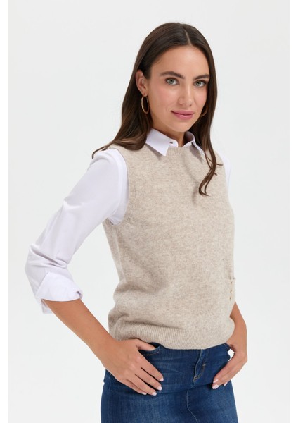 Kadın Sıfır Yaka Dikişsiz Cepli Yün Süveter V.bej fiyatları