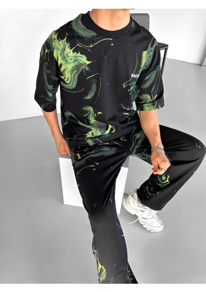 Erkek Oversize Desen Baskılı Premium T-Shirt Siyah
