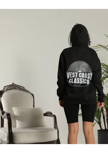 Sırt Baskılı Kapüşonlu Üç Iplik Oversize Sweatshirt - Siyah