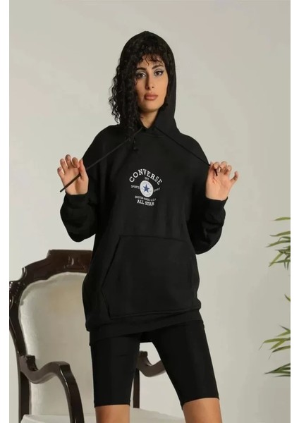 Kapüşonlu Üç Iplik Oversize Baskılı Sweatshirt - Siyah