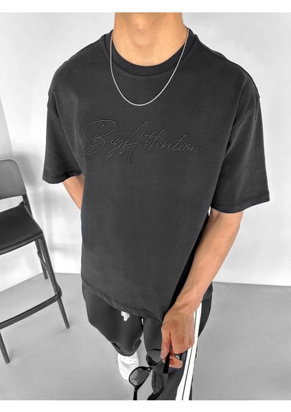 Erkek Oversize 'big Atlention' Işlemeli T-Shirt Siyah