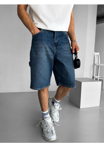 Erkek Baggy Fit Yıkamalı Jean Şort Lacivert