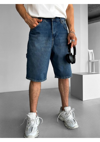 Erkek Baggy Fit Yıkamalı Jean Şort Lacivert