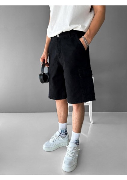 Erkek Süper Baggy Fit Kargo Cepli Şort Siyah