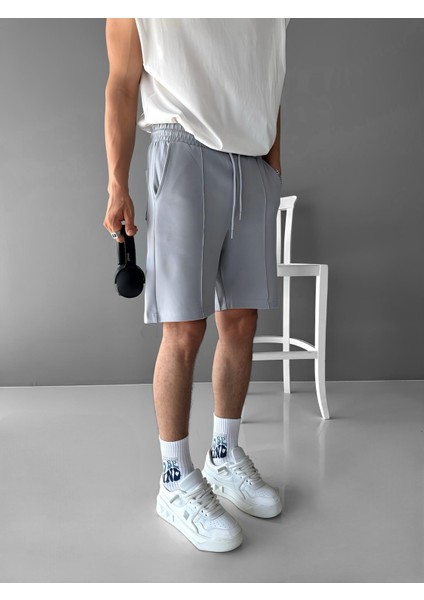 Erkek Oversize Beli Lastikli Şort Gri