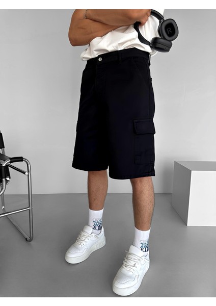 Erkek Süper Baggy Fit Kargo Cepli Şort Siyah