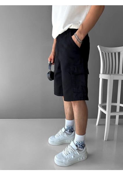 Erkek Süper Baggy Fit Kargo Cepli Şort Siyah