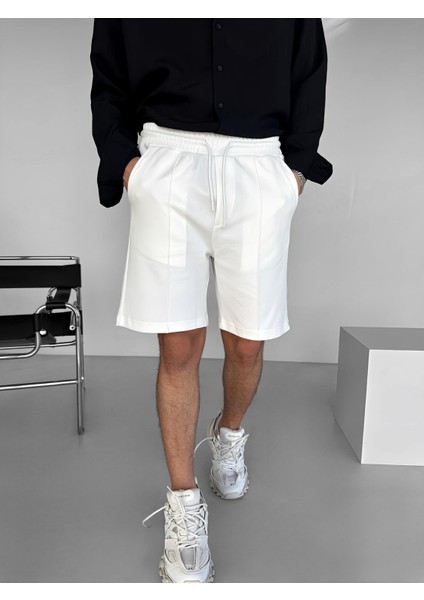 Erkek Oversize Beli Lastikli Şort Beyaz