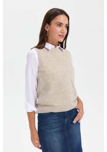 Kadın Sıfır Yaka Dikişsiz Cepli Yün Süveter V.bej modelleri