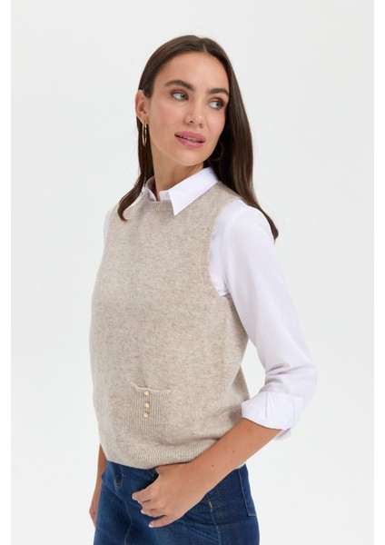 Kadın Sıfır Yaka Dikişsiz Cepli Yün Süveter V.bej indirimleri