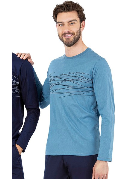 6061 Erkek Uzun Kollu Bisiklet Yaka Pijama Takımı-Mavi
