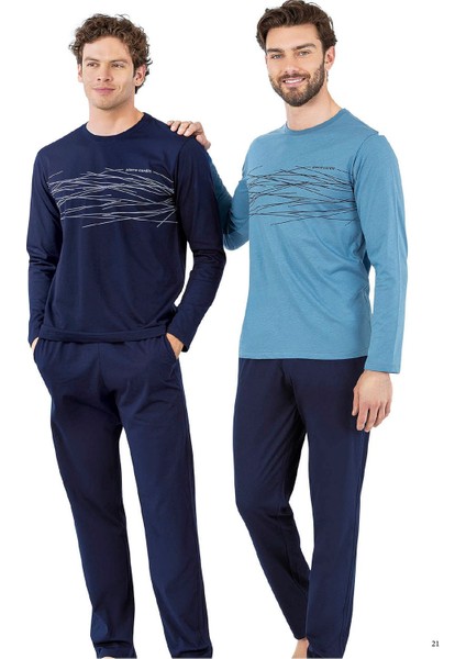 6061 Erkek Uzun Kollu Bisiklet Yaka Pijama Takımı-Mavi
