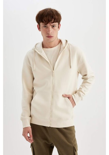 Regular Fit Kapüşonlu Içi Yumuşak Tüylü Sweatshirt Hırka Kum