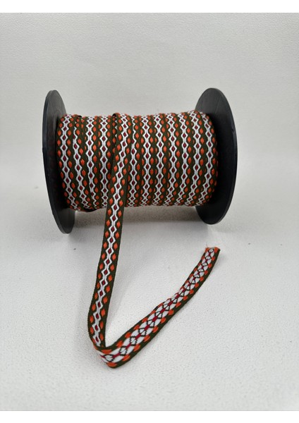 1.5 cm Etnik Desen Şerit-5 Metre- (Haki/oranj/beyaz)