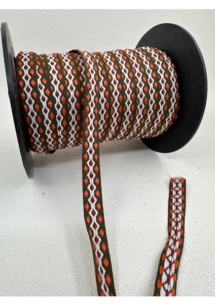 1.5 cm Etnik Desen Şerit-5 Metre- (Haki/oranj/beyaz)