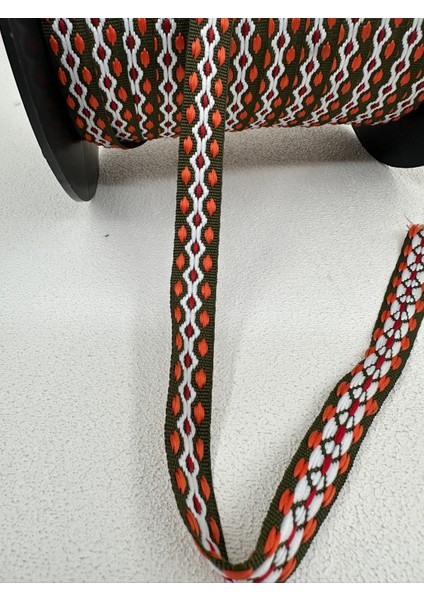 1.5 cm Etnik Desen Şerit-5 Metre- (Haki/oranj/beyaz)