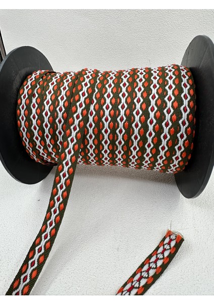 1.5 cm Etnik Desen Şerit-5 Metre- (Haki/oranj/beyaz)