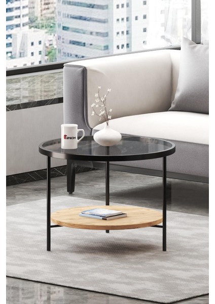 60 Çap Orta Sehpa ,füme Cam, Çam Alt