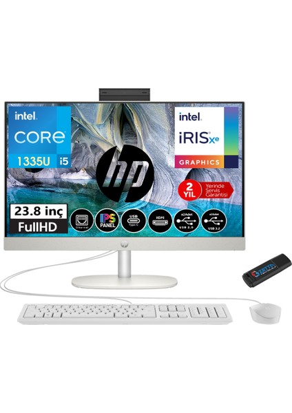 Hp Proone 240 G10 Intel Core I5 1335U 16GB Ram 256GB SSD 23.8 Fhd IPS Freedos Beyaz All In One Bilgisayar 6623Z2ET01+ZETTAUSBBELLEK