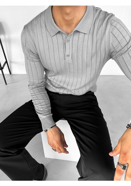 Erkek Polo Yaka Düğmeli Fitilli Triko Kazak Gri