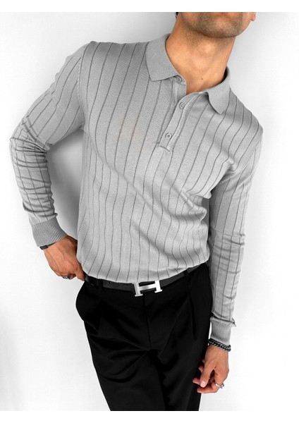 Erkek Polo Yaka Düğmeli Fitilli Triko Kazak Gri fiyatları