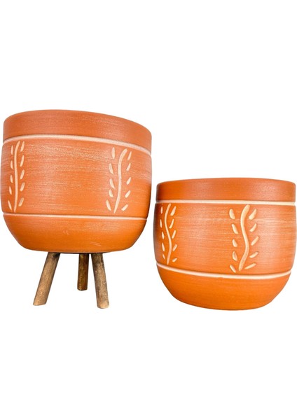 Ev Dekorasyon Nakış Desenli Toprak Saksı Saksılık Salon Çiçeklik İkili Set Ayaksız - 3 Ayaklı- 19 CM