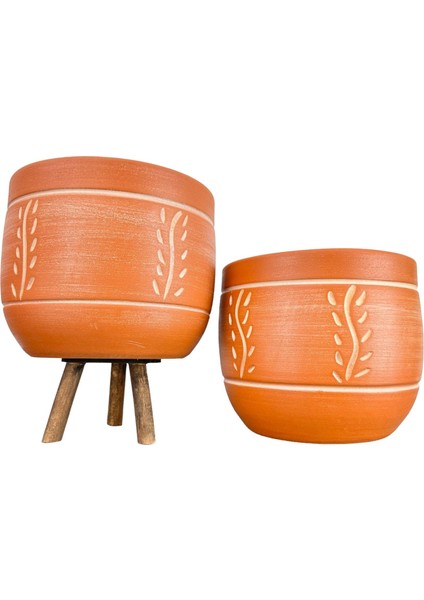 Ev Dekorasyon Nakış Desenli Toprak Saksı Saksılık Salon Çiçeklik İkili Set Ayaksız - 3 Ayaklı- 19 CM modelleri